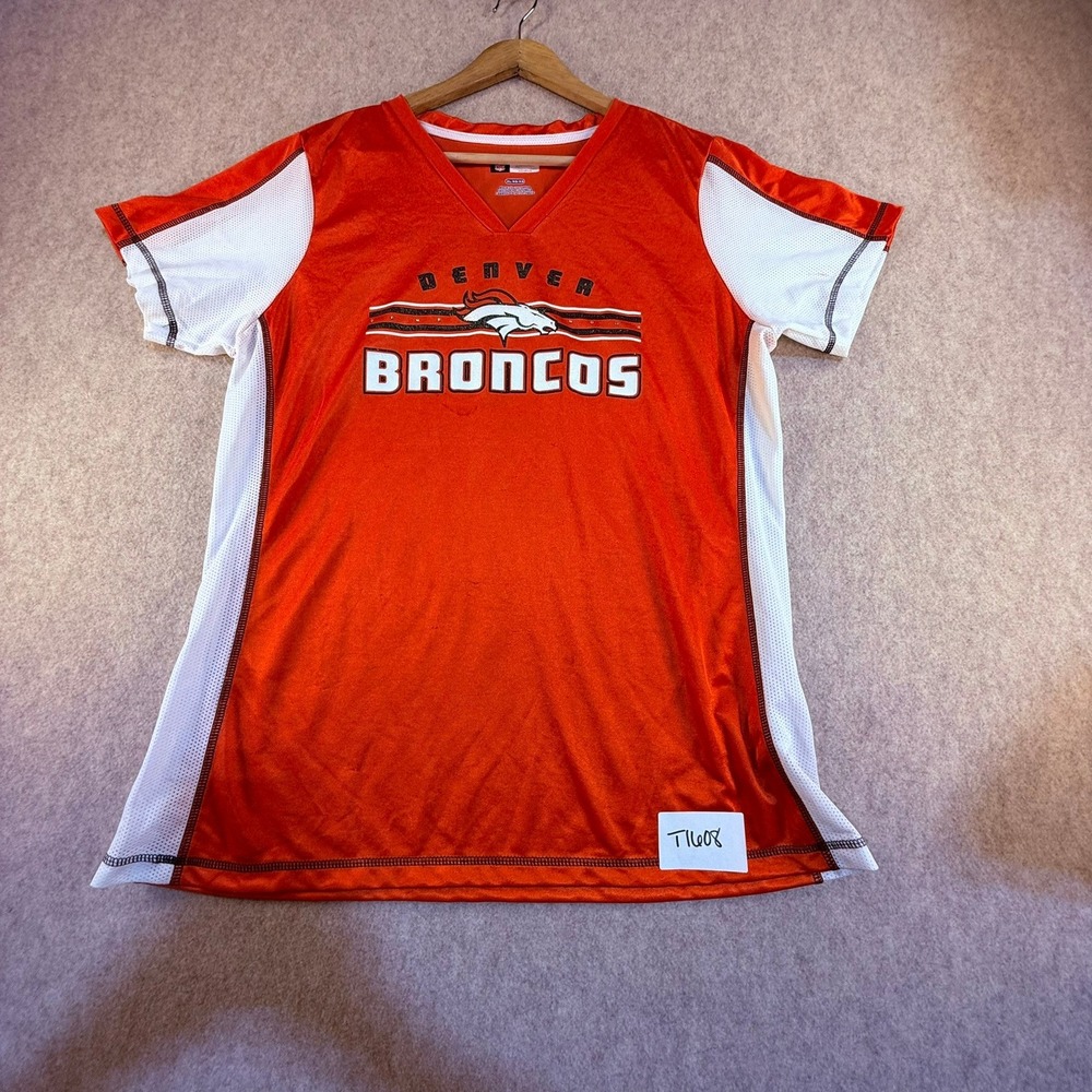 NFL Apparel Denver Broncos Womens XL Orange V-Neck Mesh Jersey Shirt Rhinestone